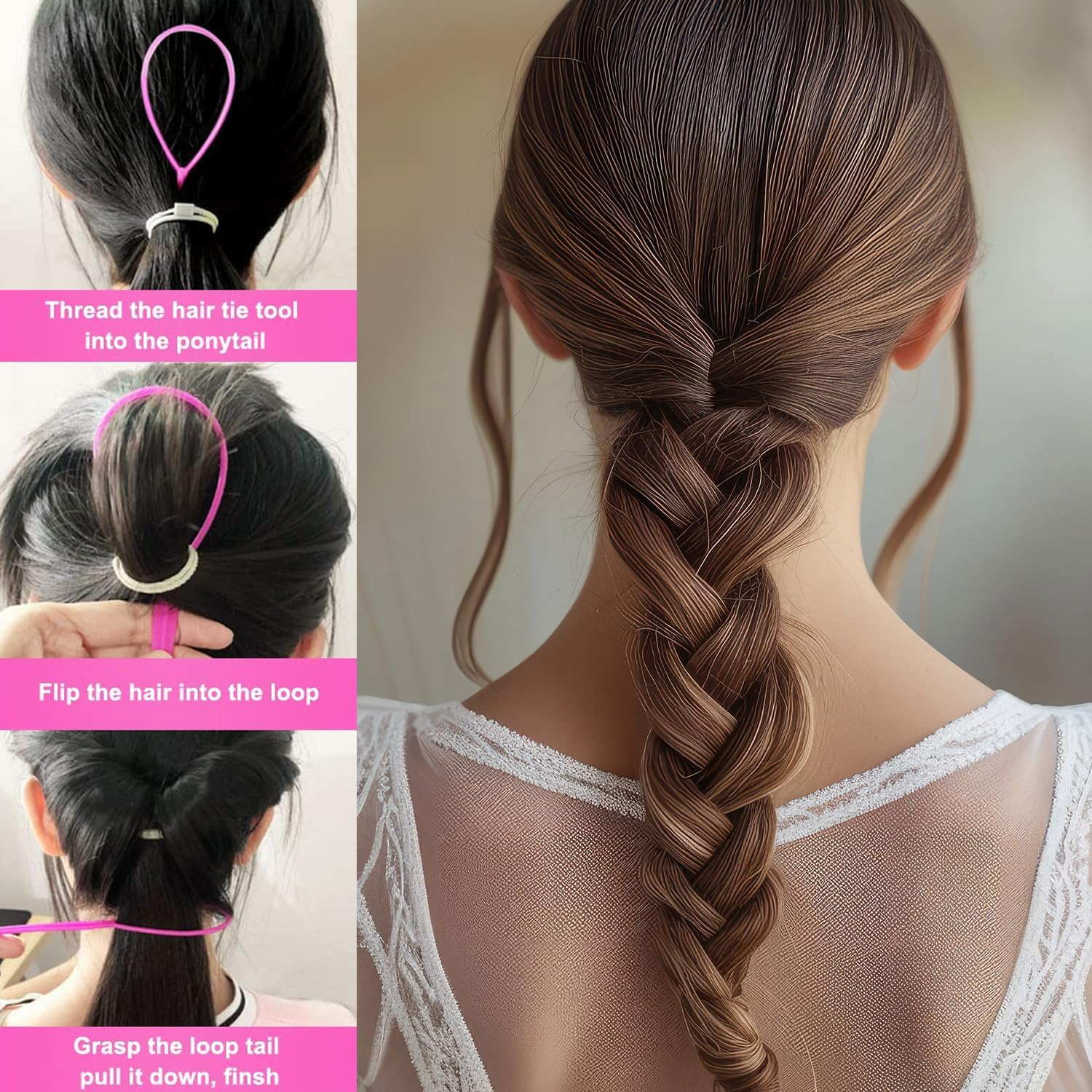 Acooruiteng Topsy Tail Hair Tool Hair Braiding Tool Hair Pull through Tool Topsy Tail Loop Topsy Tail Kit French Braid Loop Tool Hair Loop Styling Tool with Rat Tail Comb and Rubber Bands(6 Pcs) image number 1