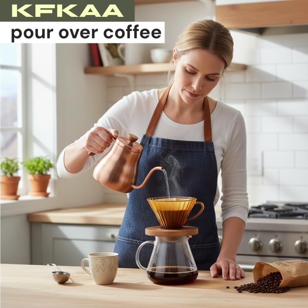 KFKAA V60 Glass Coffee Dripper，With Bamboo Wood Base Drip Coffee Makerhome, for Travel, Camping, Office,1-3 Cups