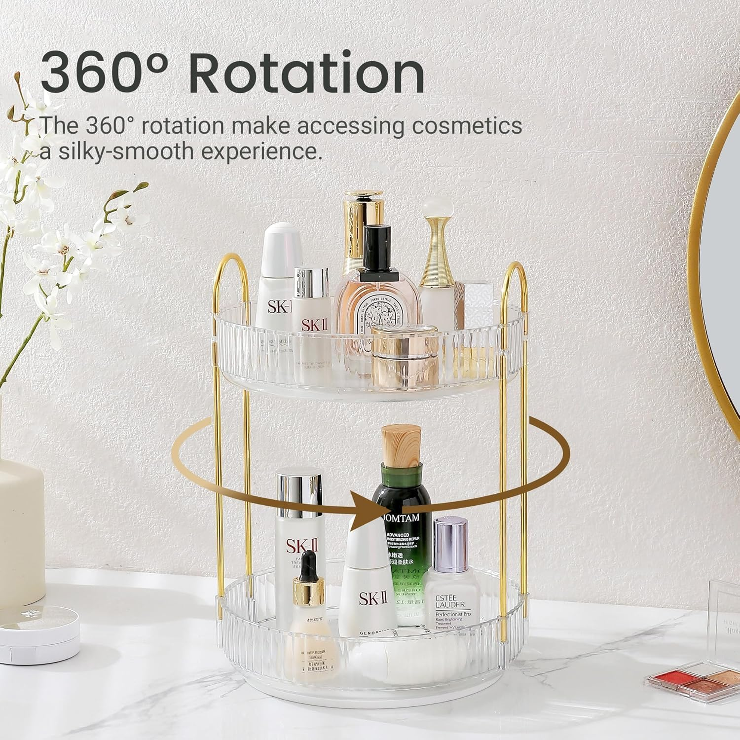 METOY Rotating Makeup Organizer for Vanity, Perfume Skincare Organizers Make up Storage for Bathroom Counter, Clear Spinning Cosmetic Lipstick Toiletry Organizer Holder (Pearl White, 2 Tier)
