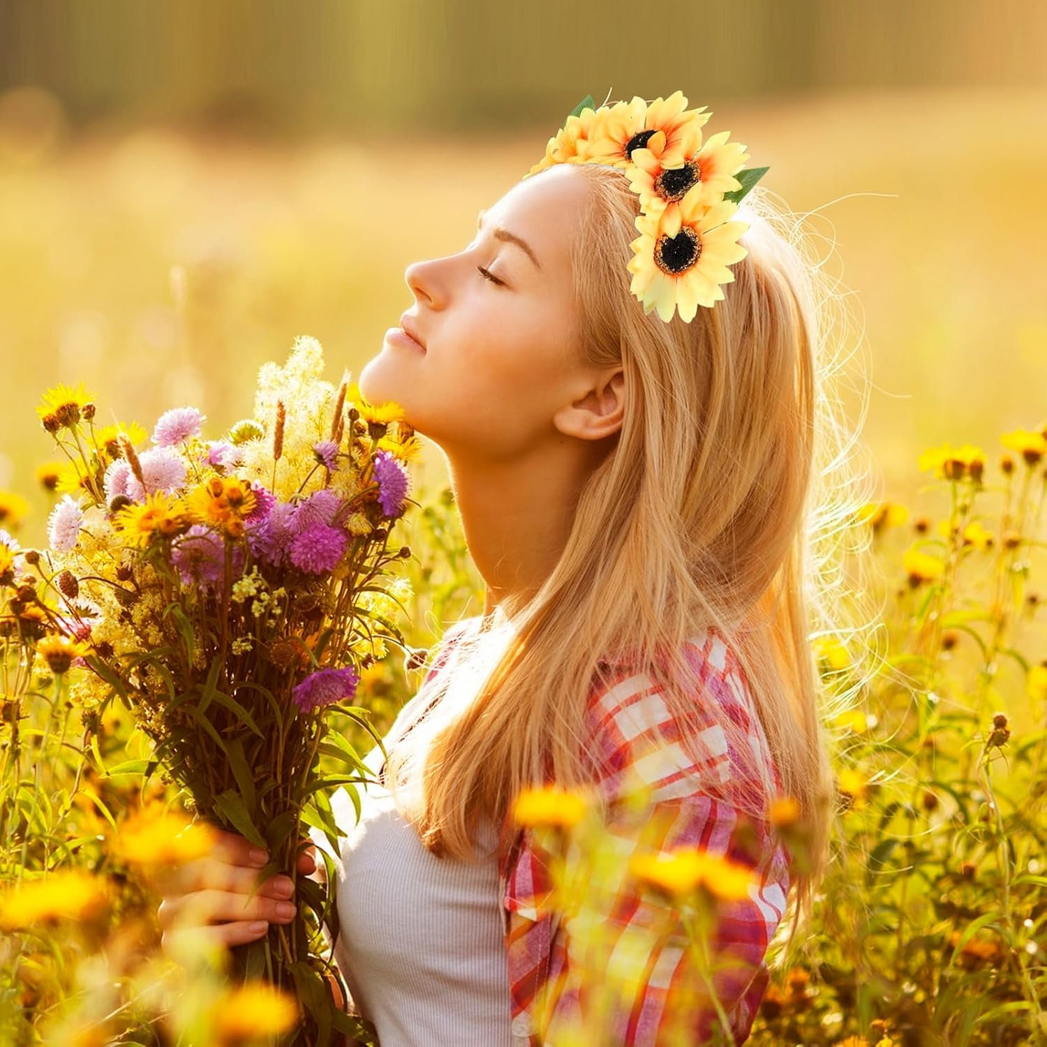 Rigidstone Sunflower Headband, Bohemian Sunflower Headpiece with Sunflower Necklace, Women Flowers Headband for Beach Photography Props Masquerade Party Decoration Pack of 2