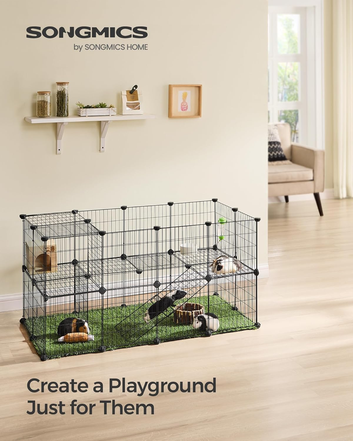 SONGMICS 2-Floor Metal Pet Playpen, 36 Grid Panels, Customisable Cage Enclosure for Small Animals, Guinea Pigs Hamster Runs, Rabbit Hutches, Includes Mallet, Indoor, 123 X 63 X 61 Cm, Black LPI002B01 image number 2