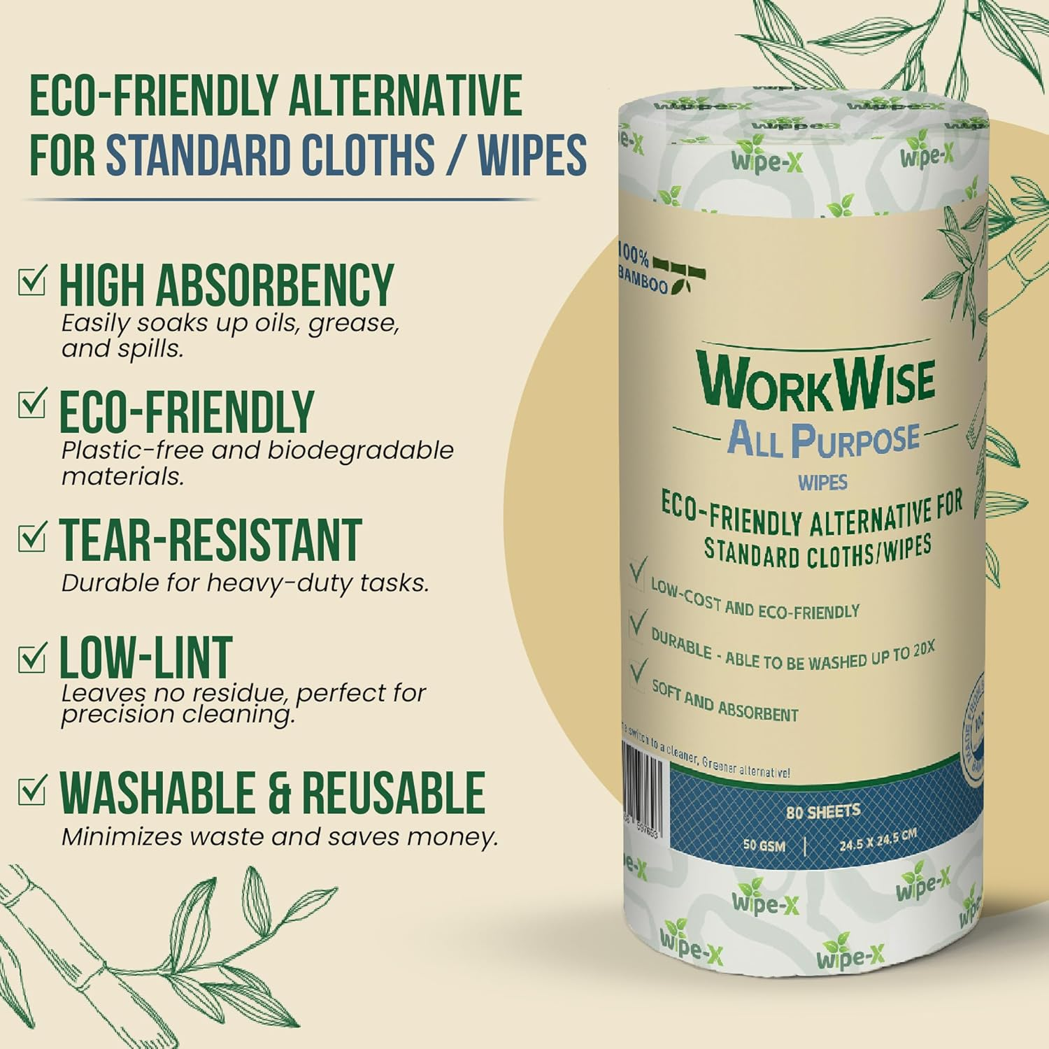 Workwise All Purpose Heavy Duty Cleaning Wipes &ndash; Washable, Biodegradable & Eco-Friendly, Low Lint, Plastic-Free &ndash; Ideal for Workshops, Kitchens, Industrial & Home Use &ndash; 100% Australian Owned image number 5