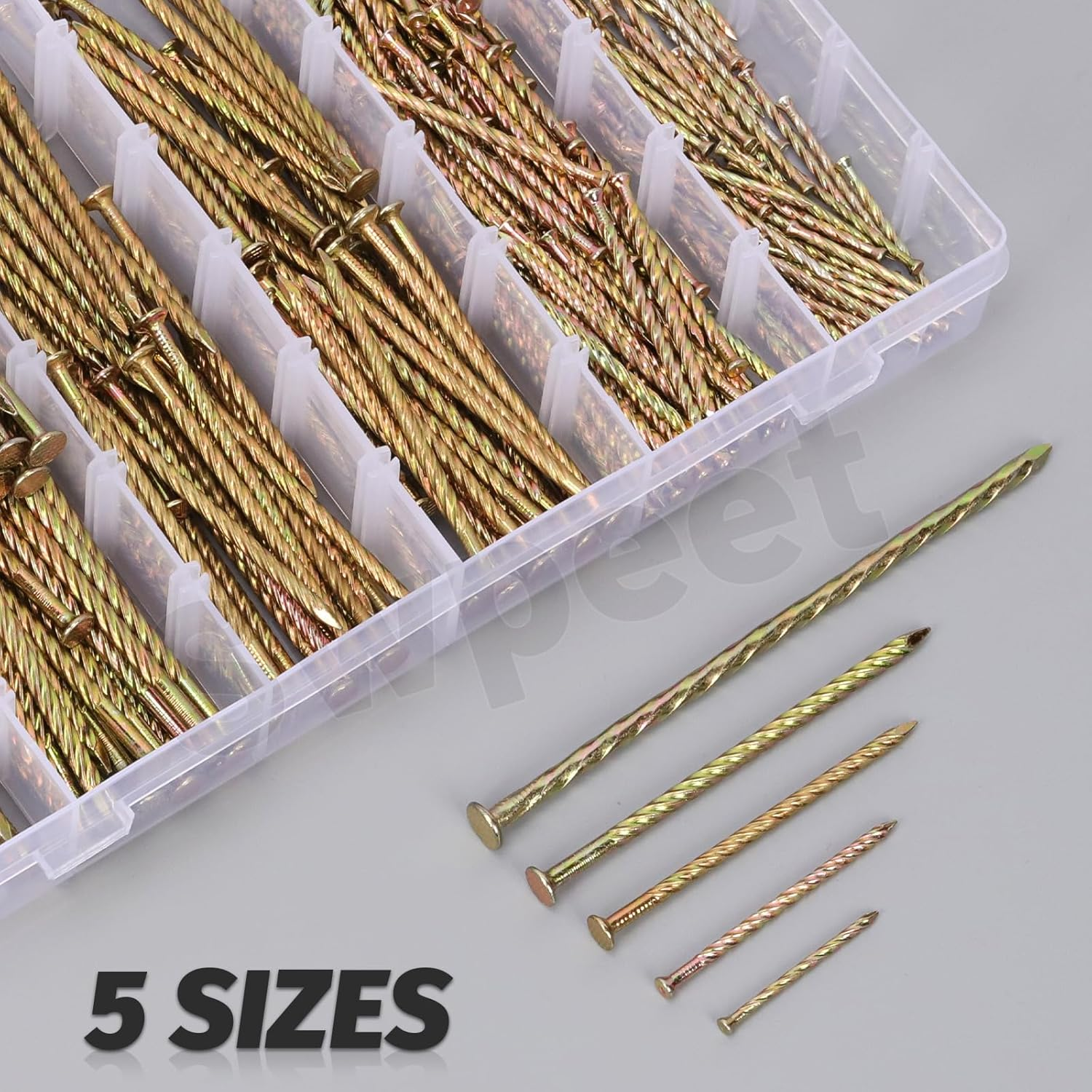 Swpeet 340Pcs 5 Sizes 40/60/80/100/150Mm Carbon Steel Colored Zinc Plated Fence Deck Nails Assortment Kit, Spiral Shank Spikes Spiral Deck Nail for House Floor Repairing Wall Woodworking image number 1