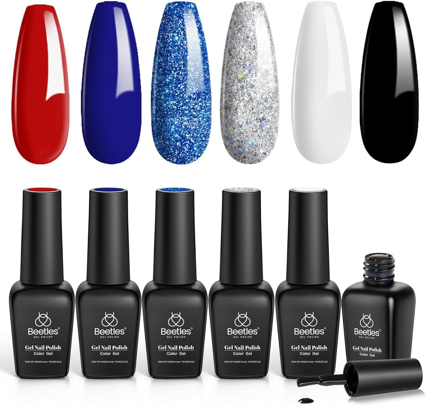 Beetles Gel Polish Gel Nail Polish Set - 6 Colors Red White Navy Blue Gel Polish Sliver Glitter Gel Polish Soak off Uv Nail Lamp Perfect for the July 4Th Manicure DIY Nail Art Design Women Girls image number 6