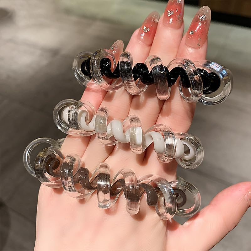 Double-Layer Spiral Hair Ties, 3Pcs/Pack Waterproof Ponytail Holders Telephone Cord Hair Coils for Woman Twisty Hair Ties for Thick Hair (Black) - White image number 7