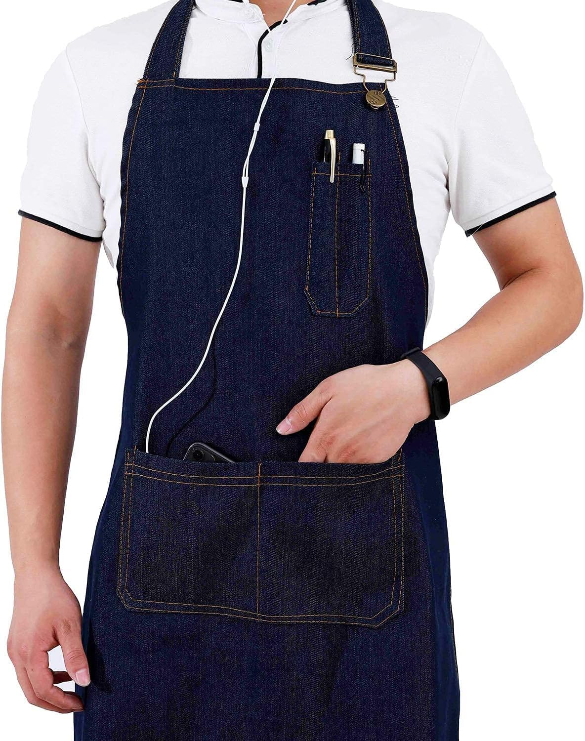 Denim Apron with Pockets for Men Women Chef Kitchen BBQ Restaurant Grill Adjustable Neck Strap Long Ties Tool Aprons image number 6