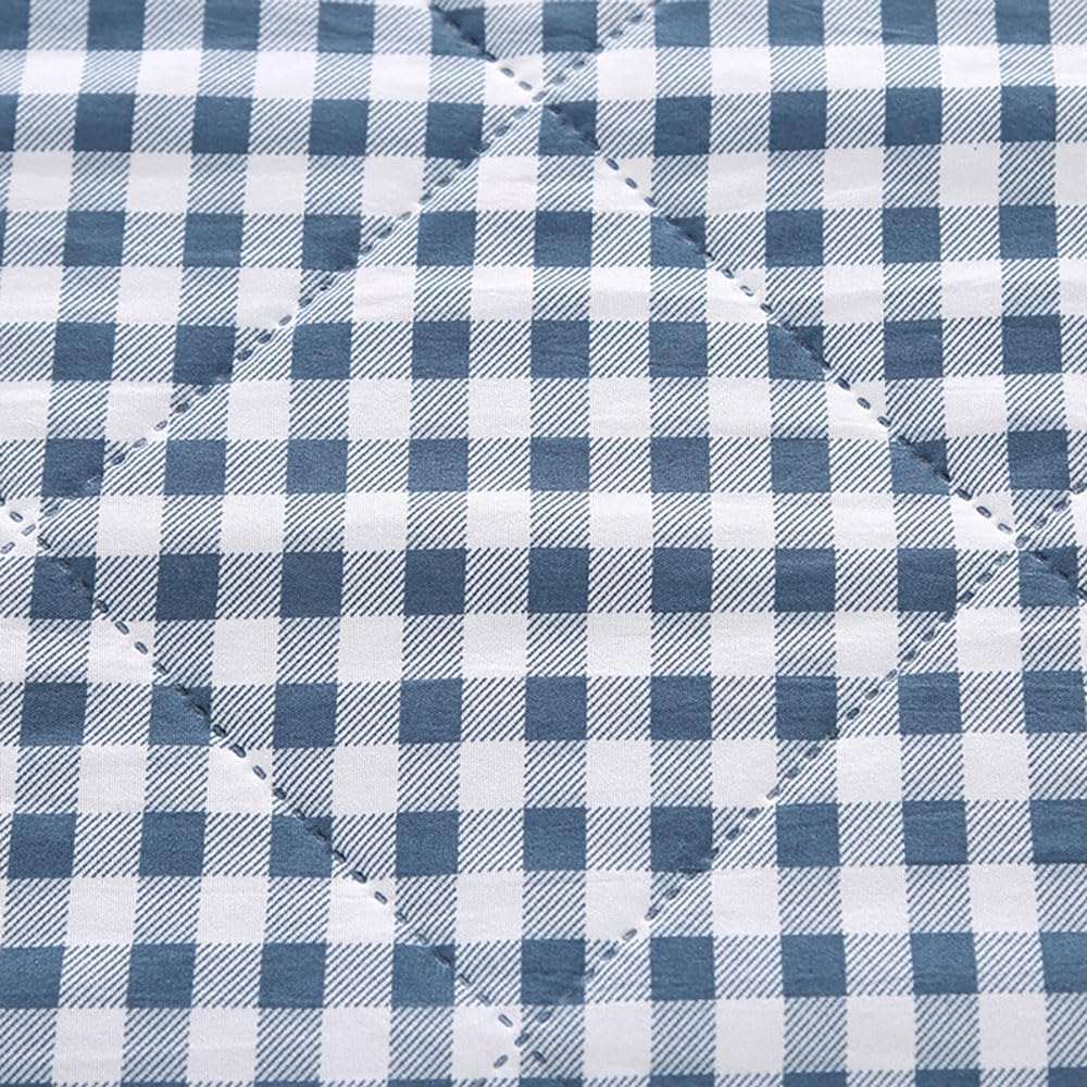 Plaid Quilted Bedspreads - Summer Soft Washed Cotton Lightweight Comforter, Reversible Checked Polyester Filling Cooling Blanket for Single Double Bed Air Conditioning Use (Light Blue,150X200Cm) image number 2