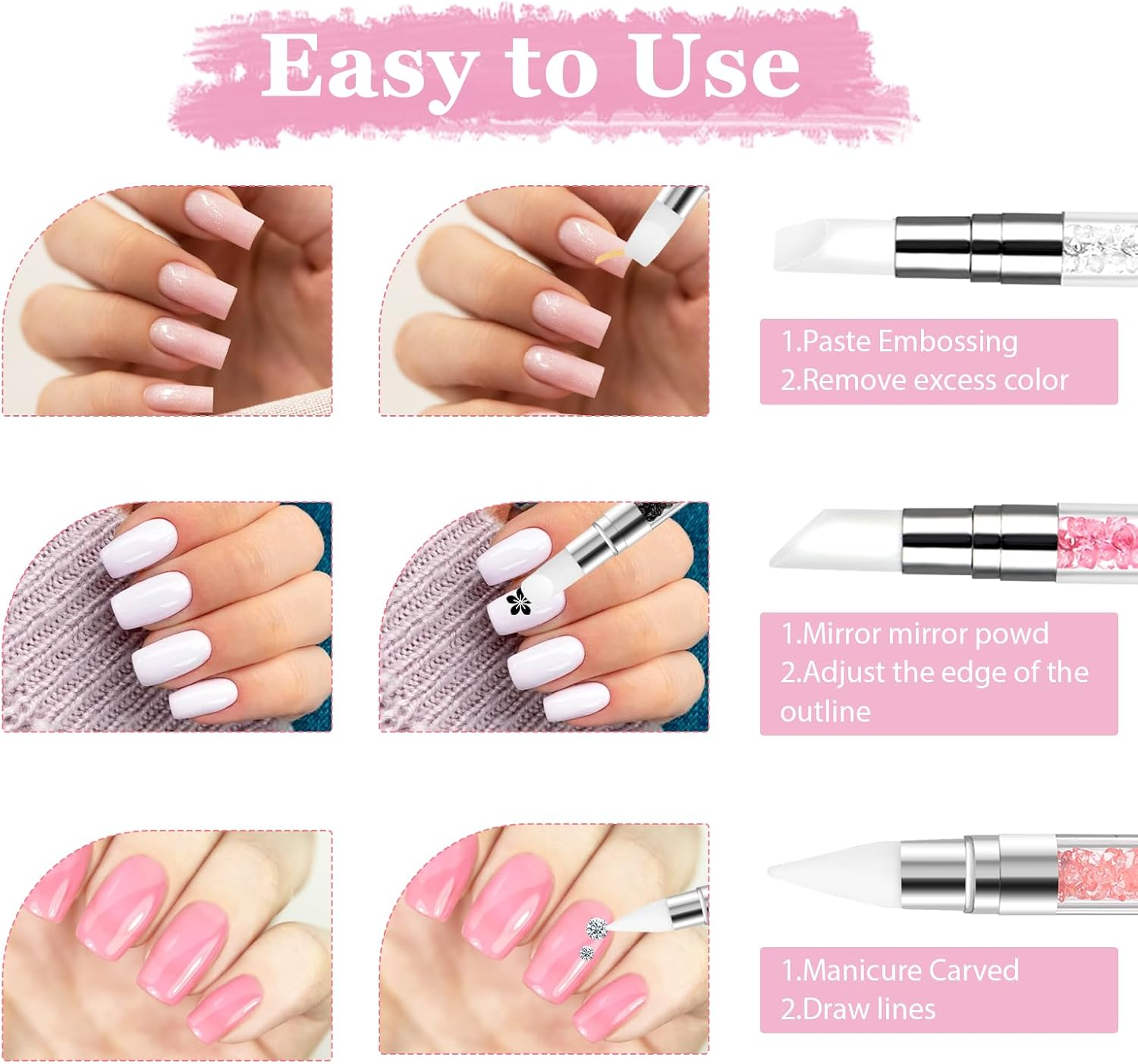 3 Pcs Nail Art Sculpture Pen, Dual Tipped Silicone Nail Tools, Silicone Head Acrylic Handle Nail Art Brushes, Rhinestone Nail Polish Carving Pen, Nail Art Tools for Home Salon(White, Pink, Orange) - Blue, Green, Orange image number 6