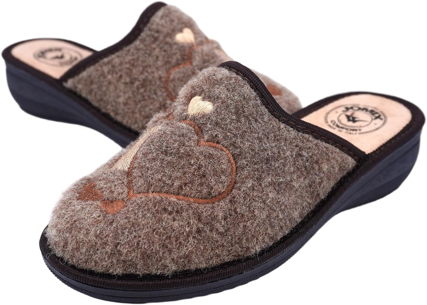 JOMIX Women'S Slippers Winter Comfortable Slippers Low Wedge Heel Made of Felt with Embroidered Hearts Warm Soft Non-Slip Made in Italy
