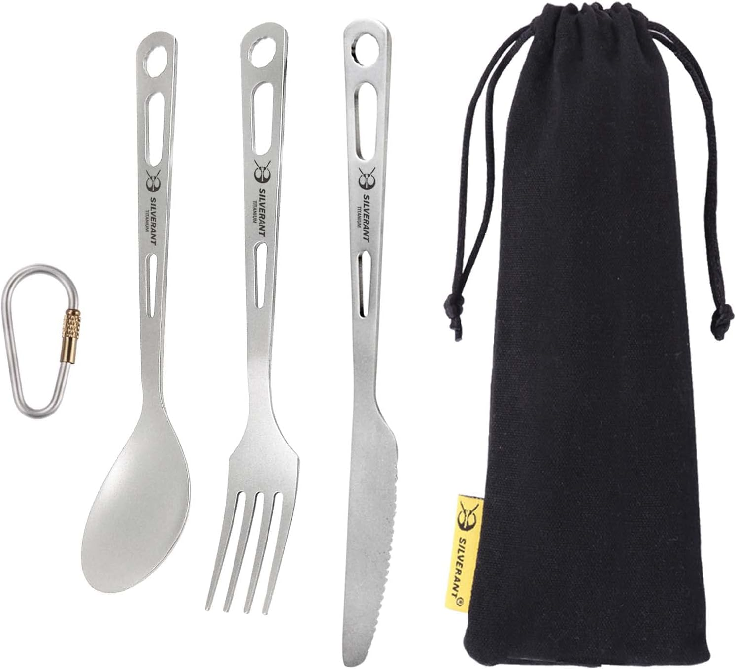 SILVERANT Titanium Knife Fork Spoon Extra Strong Ultra-Light Weight Tableware Durable Cutlery Set for Outdoor Camping & Hiking with a Bag
