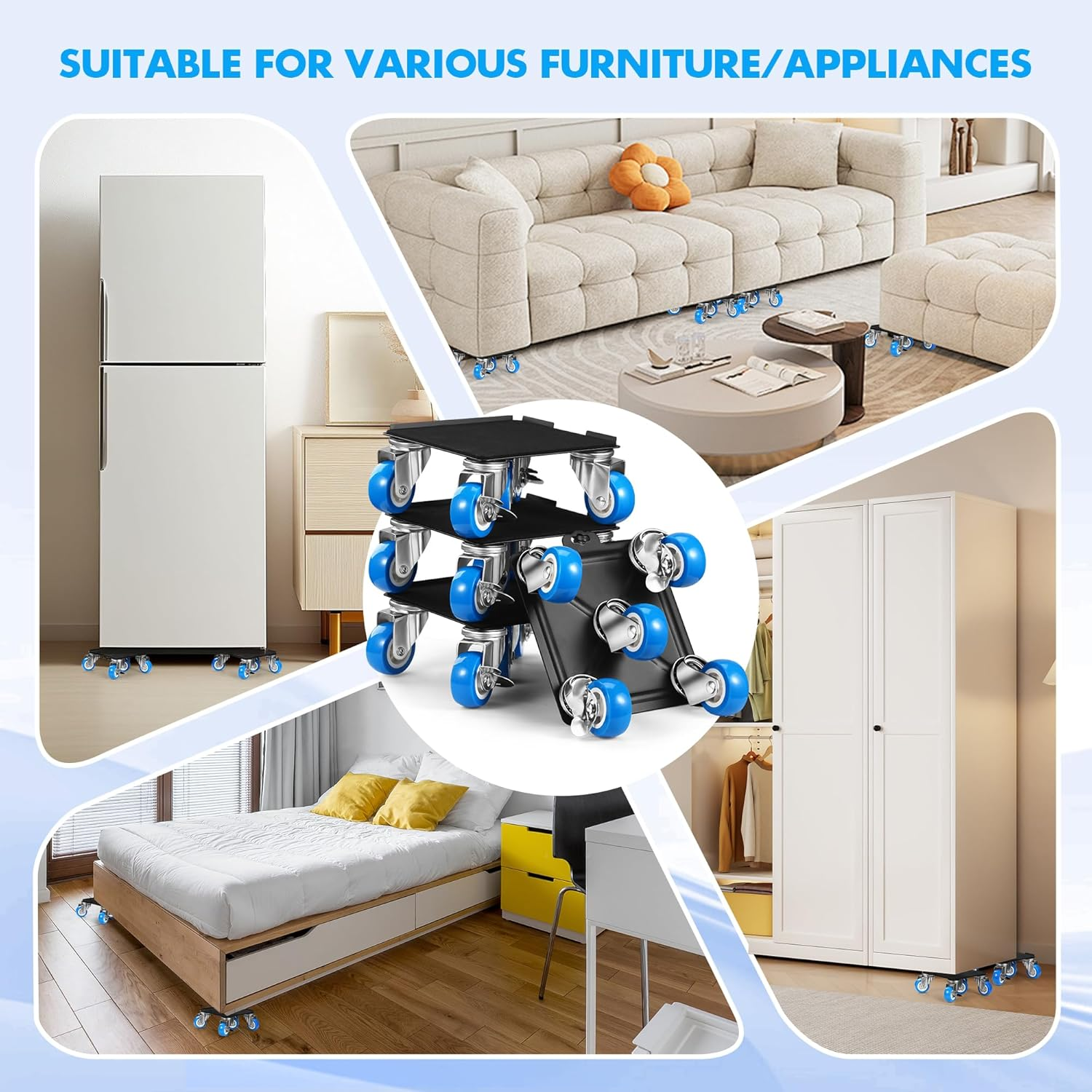 Heavy Duty Furniture Moving Tool Set, Supports up to 500 KG, 5 Wheel Metal Furniture Dolly, Appliance Sliders with Wheels, Furniture Lifter Tool (Blue, 16 CM *16 CM) image number 4