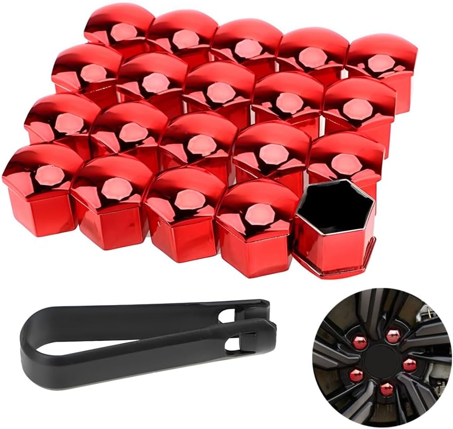 KOMUNJ Pack of 20 Hexagonal Tyre Nut Covers, 17 Mm Nut Covers, Wheel Nut Caps 17 Mm, Wheel Bolt Caps, Universal Tyre Nut, Wheel Nut Cap with Removal Tool, Red image number 3