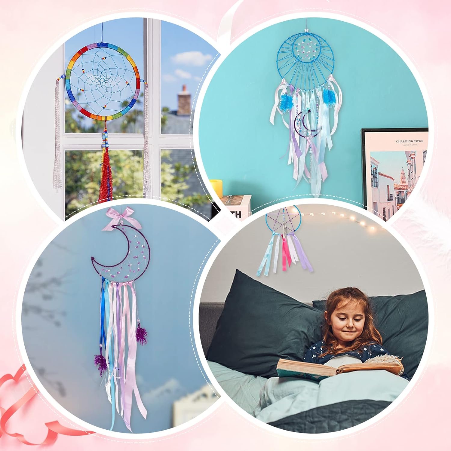 INFUNLY 2 Set DIY Dream Catcher Kit - Make Your Own with Instruction, Moon Circle, Star, Metal Feather - Handmade Wall Hanging Decor for Bedroom, Wedding, Party image number 5