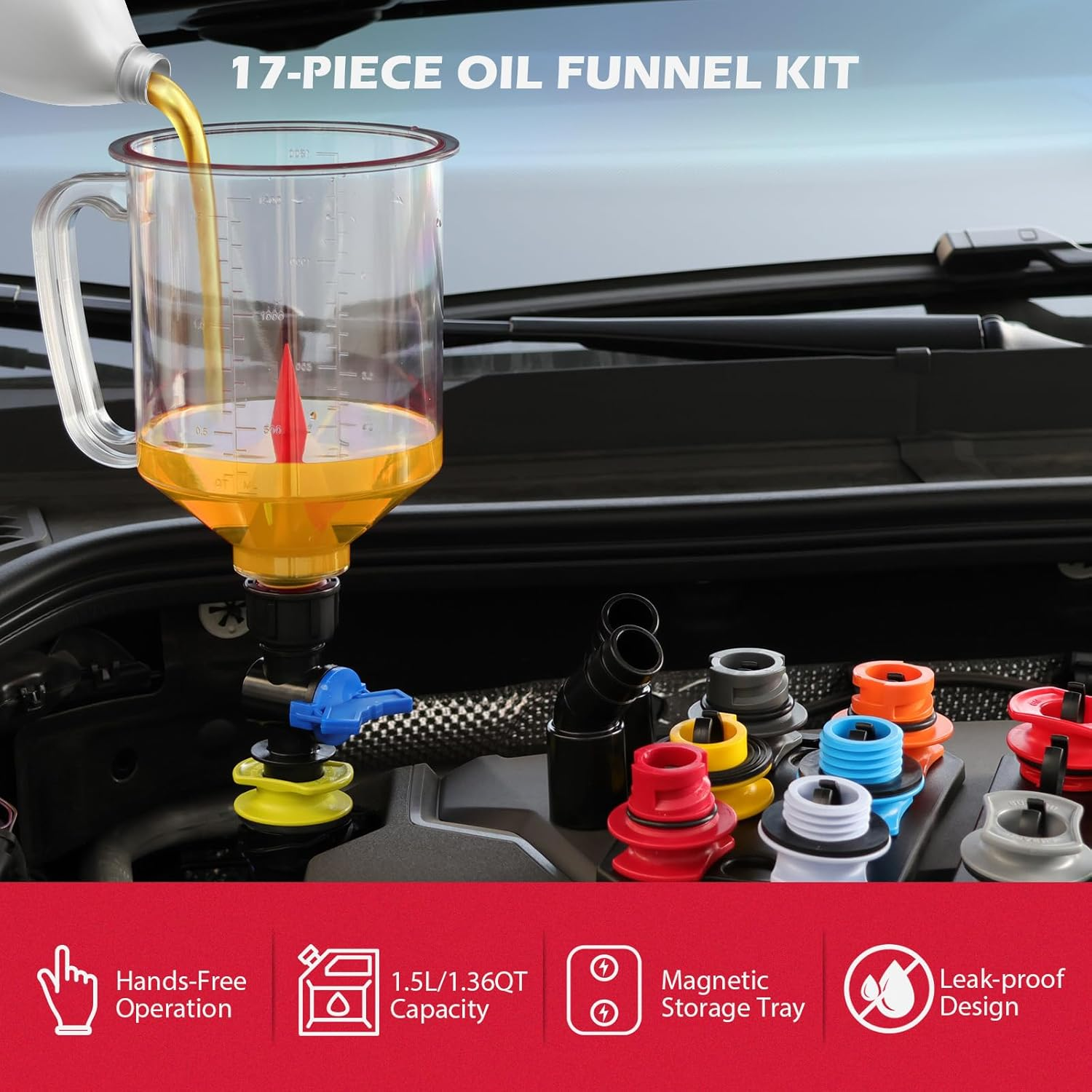 17-Piece Engine Oil Funnel Set, 1.36 Qt Automotive Oil Funnel Kit with 12 Adapters, Elbow Fitting, Arrow Screen and Magnetic Storage Hooks Tray, Compatible with GM, Ford, BMW, Audi, Land Rover Etc