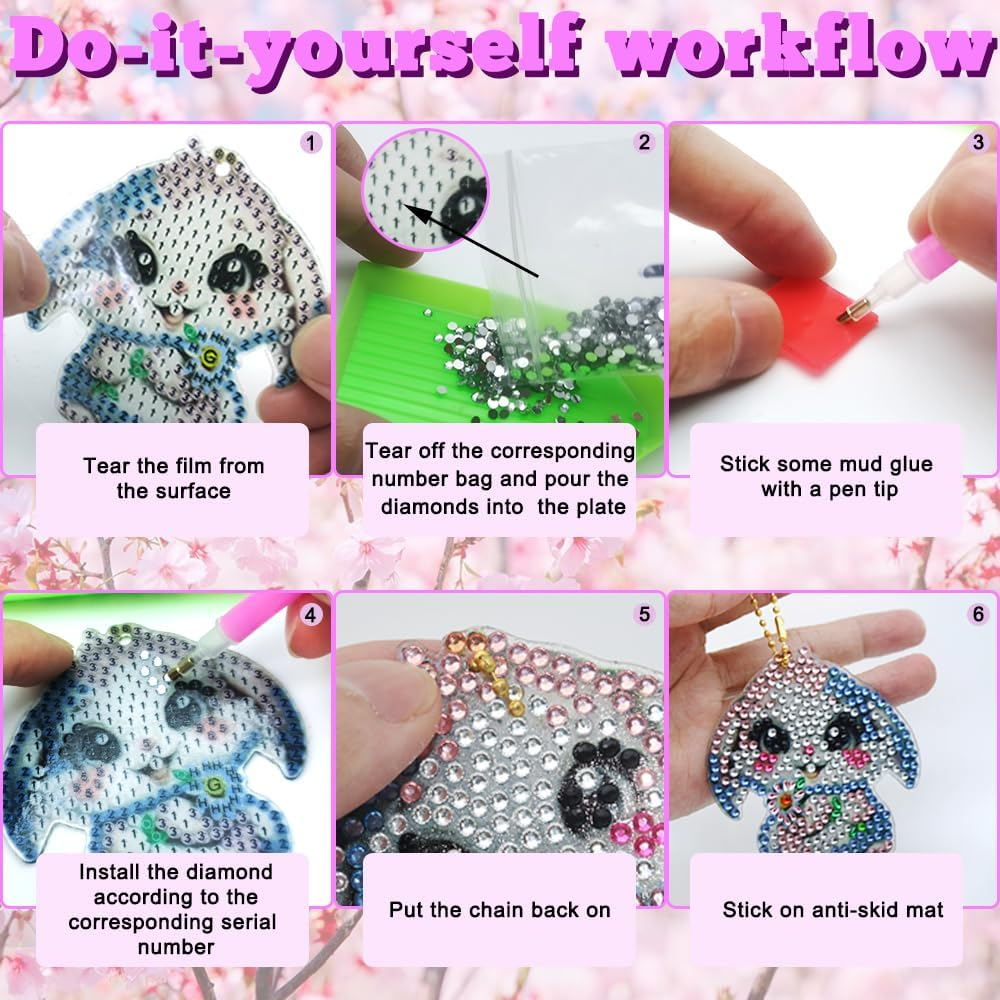 8 PCS Animal Diamond Art Painting Keychains Kits, Finegood 5D Diamond Art Suncatcher Kits Crystal Diamond Keychains, DIY Carft for Hanging Ornament image number 2