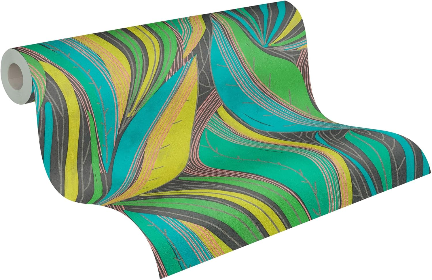 A.S. Cr&eacute;ation Livingwalls Hot Spots Motif Wallpaper 10.05 M X 0.53 M with Leaf Pattern - Green, Yellow, Turquoise, Metallic - Non-Woven Wallpaper, Wall Decoration in Tropical Style, Made in Germany