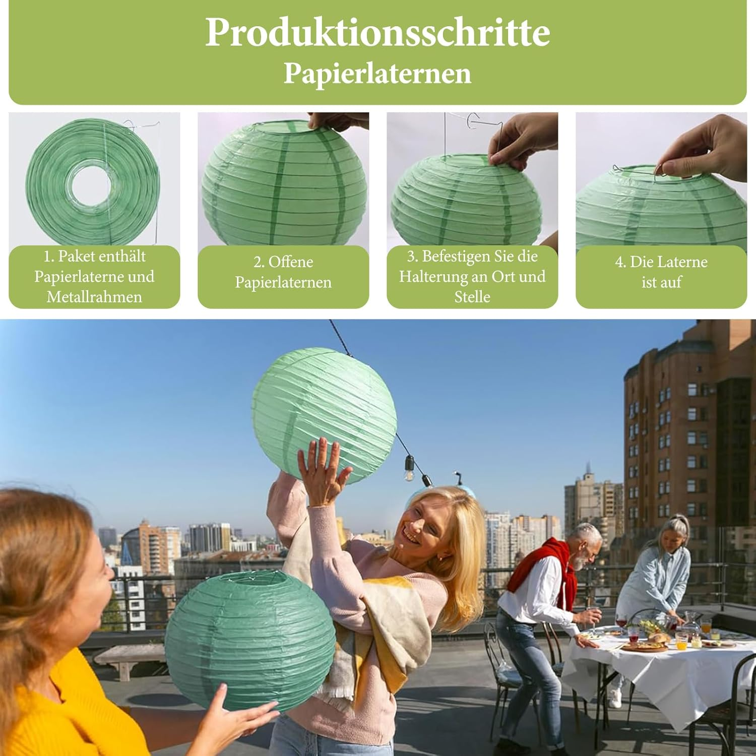 Pack of 12 Paper Lanterns, Green Gold, Sage Green Paper Lantern with 50 M Fishing Line, round Hanging Paper Lanterns, Party Decoration, Paper Lantern for Wedding, Garden Party (Diameter 20 Cm/25 Cm/30 image number 3