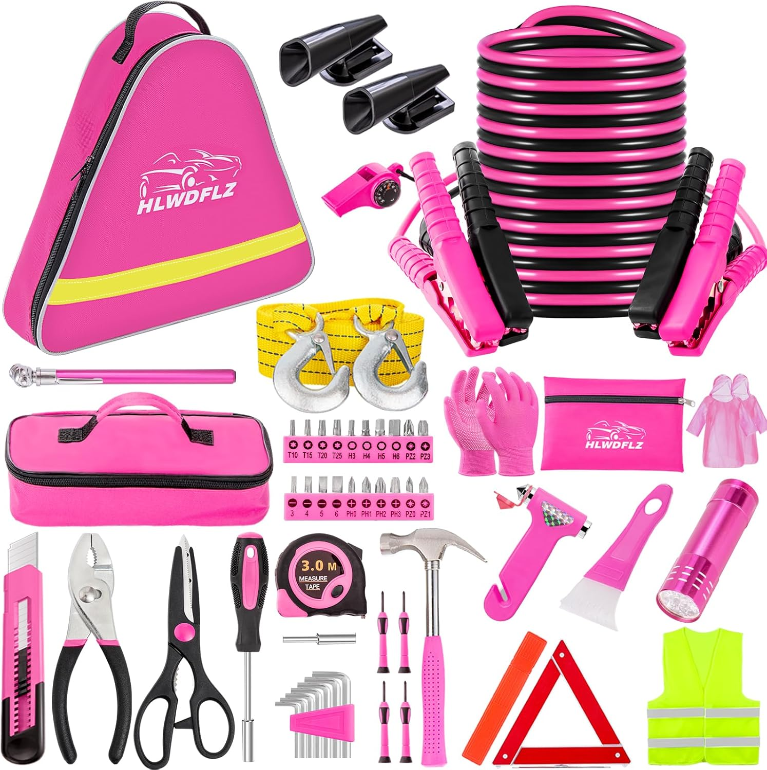 HLWDFLZ Car Roadside Emergency Kit - Pink Assistance with Jumper Cables, Auto Repair Tool Set, Deer Whistles, Winter Safety Assist for Teen Girl and Ladies image number 5