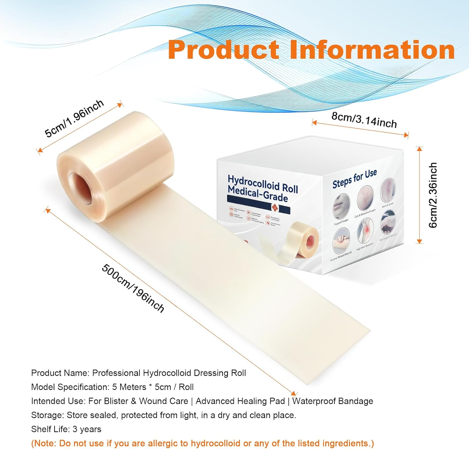 Hydrocolloid Roll 5X500Cm - Breathable, Self-Adhesive Wound Care Patches and Tape for DIY Customization, Hydrocolloid Patches and Tape for Large Coverage image number 5