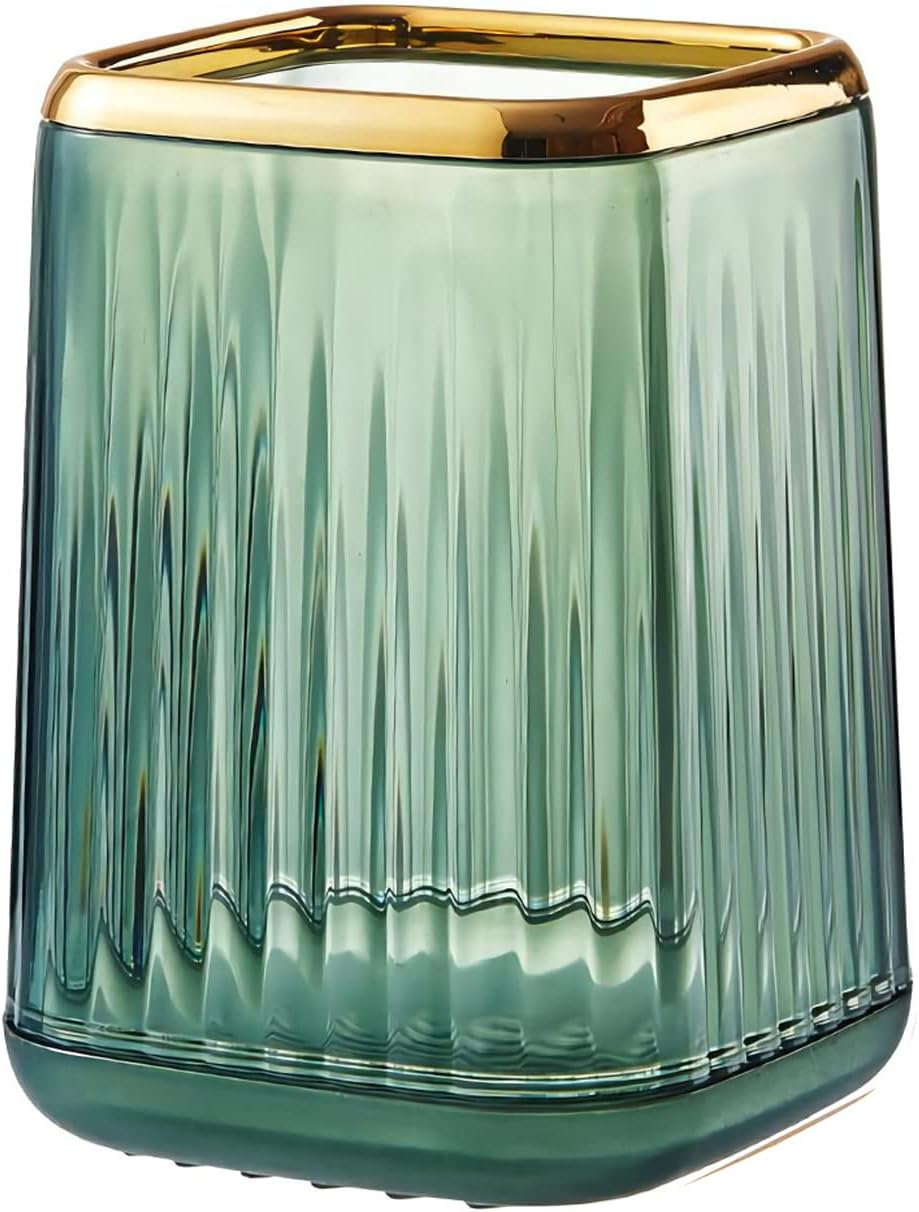 DASITON Makeup Brush Holder Organizer,Plastic Square Cosmetic Brush Storage Holder,Vintage Stripe Makeup Brush Cup Pen Pencil Holder(Amber)