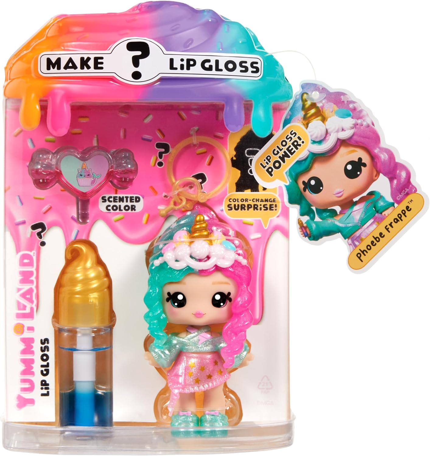 Yummiland Lip Gloss Doll: Mystery Color Change - Phoebe Frappe Includes DIY Lip Gloss + Removable Keychain, Cosmetic Play, Collectible, Ages 4+ image number 5