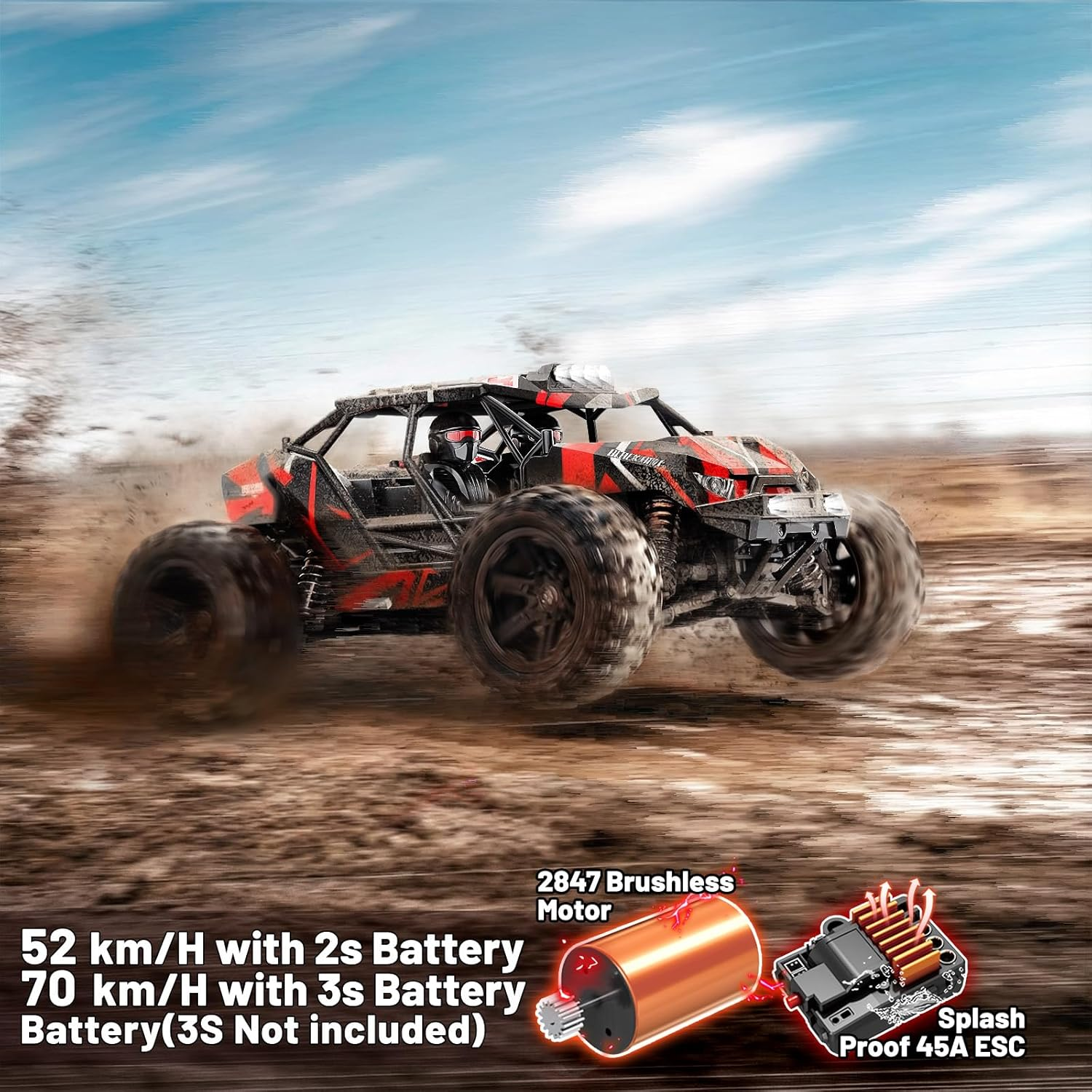 1/14 Brushless RC Car for Adults and Boys, Full Roll-Cage Frame, 4WD High-Speed 50 Km/H, All-Terrain Remote Control RC Truck with Two 2S 1500 Mah Lipo Batteries, Compatible with 3S Lipo image number 5