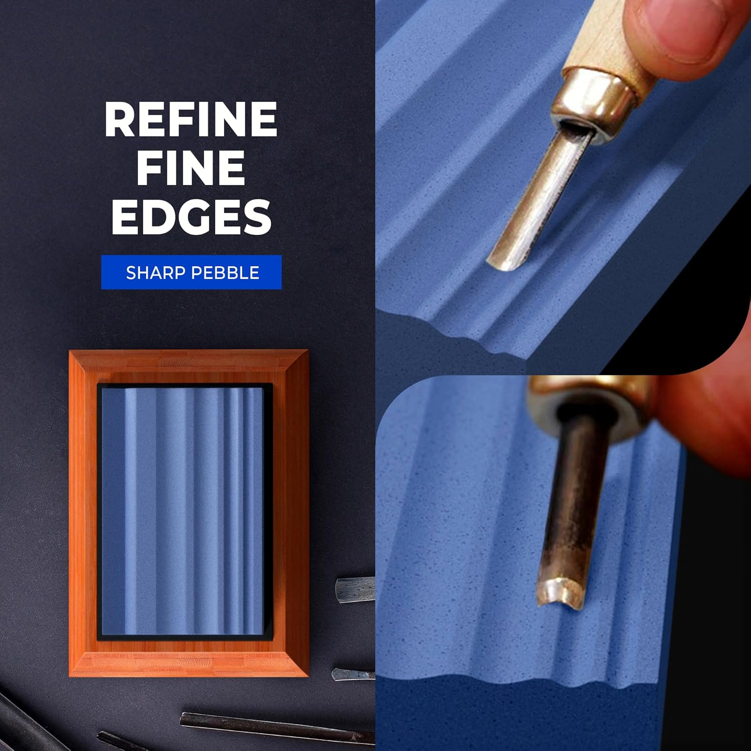 Sharp Pebble Whetstones Wood Carvers Sharpener-Dual Grit Sharpening Stones Grit 400 & 1000- Waterstone Sharpener for Woodworking, Wood Carving Tools, Chisels & Gouges with Non Slip Bamboo Base image number 4