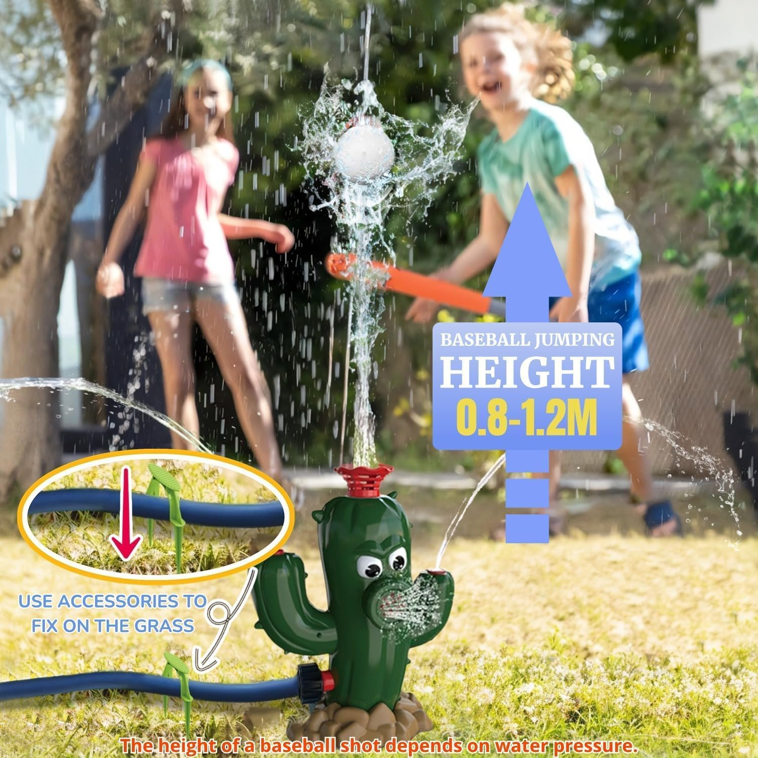 Outdoor Water Spray Sprinkler for Kids & Toddlers, Summer outside Toys Backyard Games, Water Hose Sprinkler | Cactus Shape Garden Watering Sprayer with Baseball Set for Yard and Lawn image number 2
