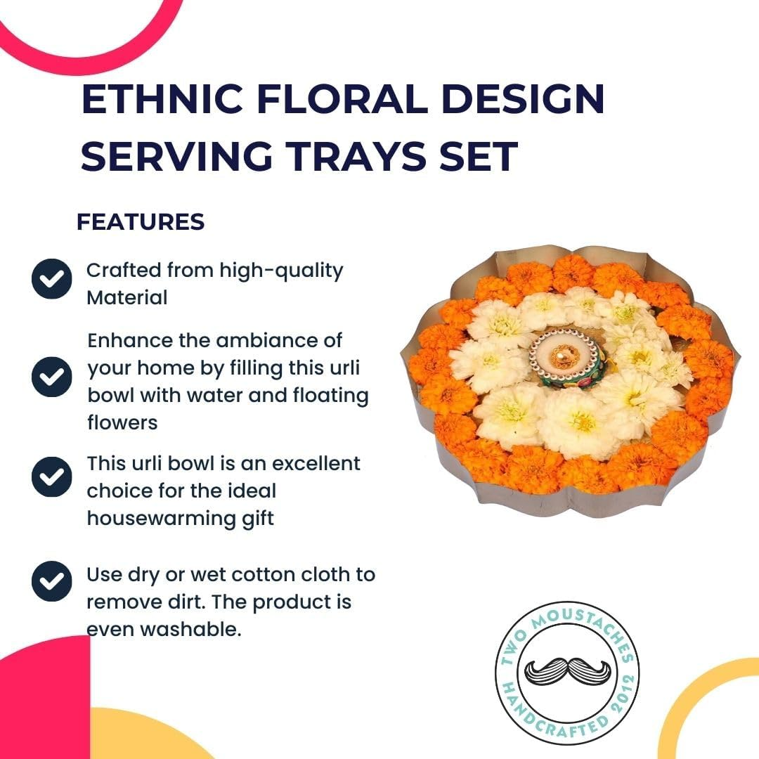 Two Moustaches 12 Inches Ethnic Carved Flower Design Urli Bowl for Home Decor, Urli Bowl for Flowers Decoration, Home Decoration, Bowl for Floating Flowers, Housewarming Gifts, Golden, Pack of 1