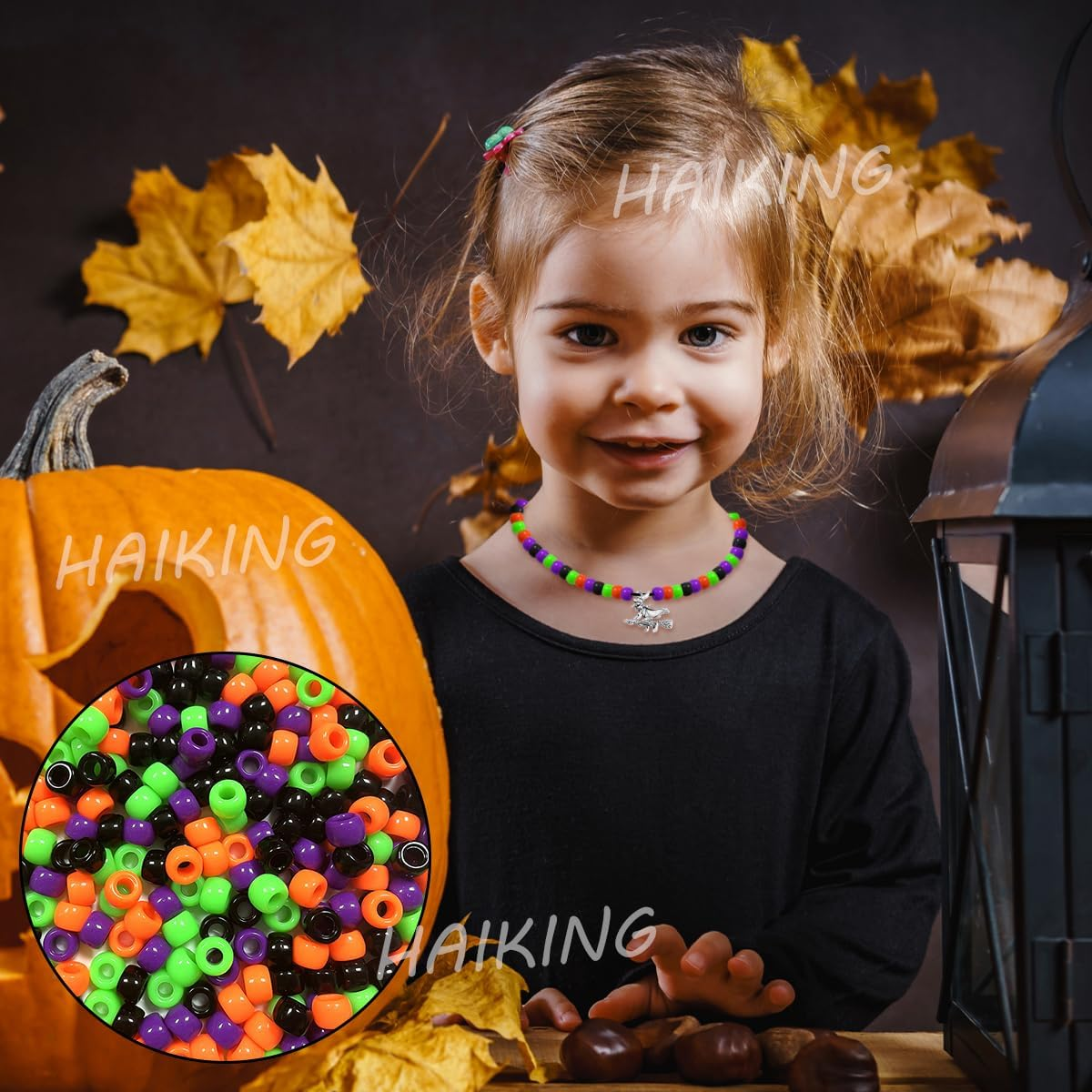 Halloween Pony Beads, 500 Pcs Mini Orange Green Purple and Black round Plastic Beads for DIY Bracelets, Necklace, Hair Braids, Making Crafts (5 X 7Mm) image number 1