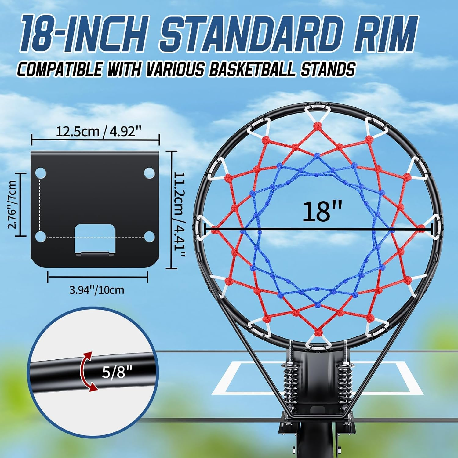 Basketball Rim, 18"(45Cm) Replacement Wall Mounted Outdoor Basketball Hoop, Heavy Duty Solid Steel, Double Spring Basketball Hoop Rim with All Weather Net for Indoor and Outdoor Hanging image number 4