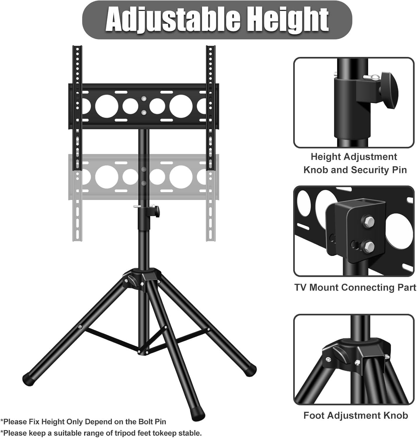 Portable TV Tripod Stand with TV Top Shelf Adjustable TV Stand Universal TV Tripod Outdoor Floor Stand for 30"-55" TV No Drilling Needed image number 5