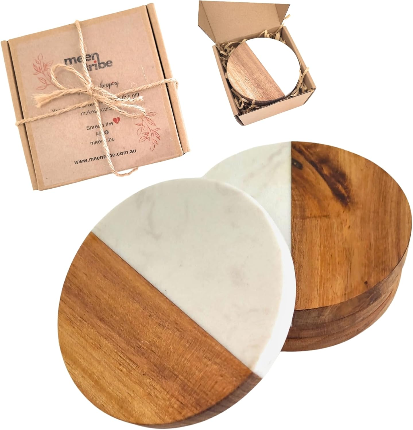 Acacia Wood and Marble Coaster Set of 4 for Coffee Table Decor, Dining Table, Office - Wooden Tabletop Coasters -Premium Drink Coasters for Kitchen, Restaurant, Bar, Caf&eacute; and Christmas Gifting image number 5