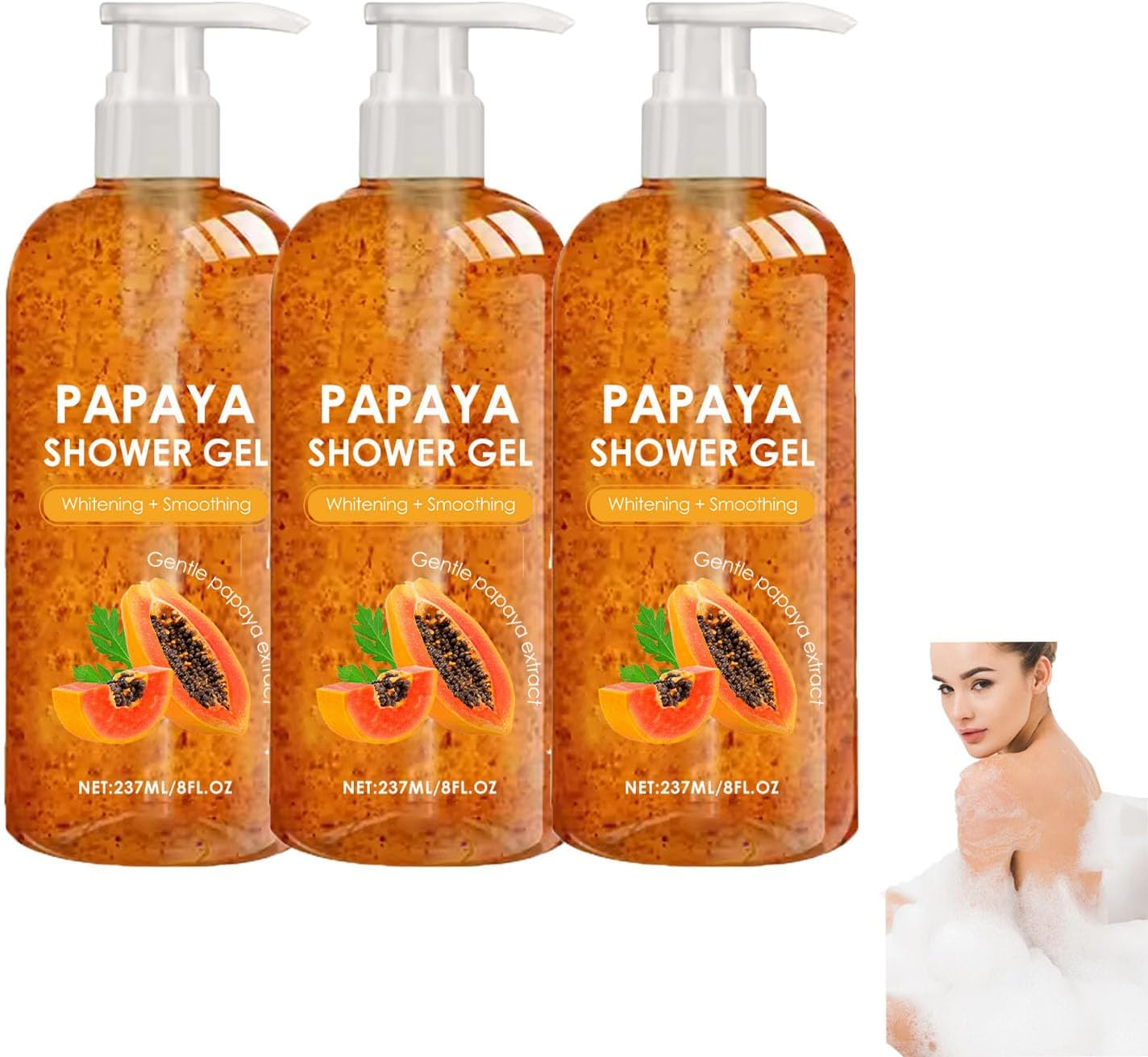 Papaya Shower Gel, Deeply Cleansing and Exfoliating, Whitening Smoothing Body Wash, Light Texture, Nourishing & Moisturizing Shower, Gentle Brightening, Fresher Long Time Fragrance (1Pcs)
