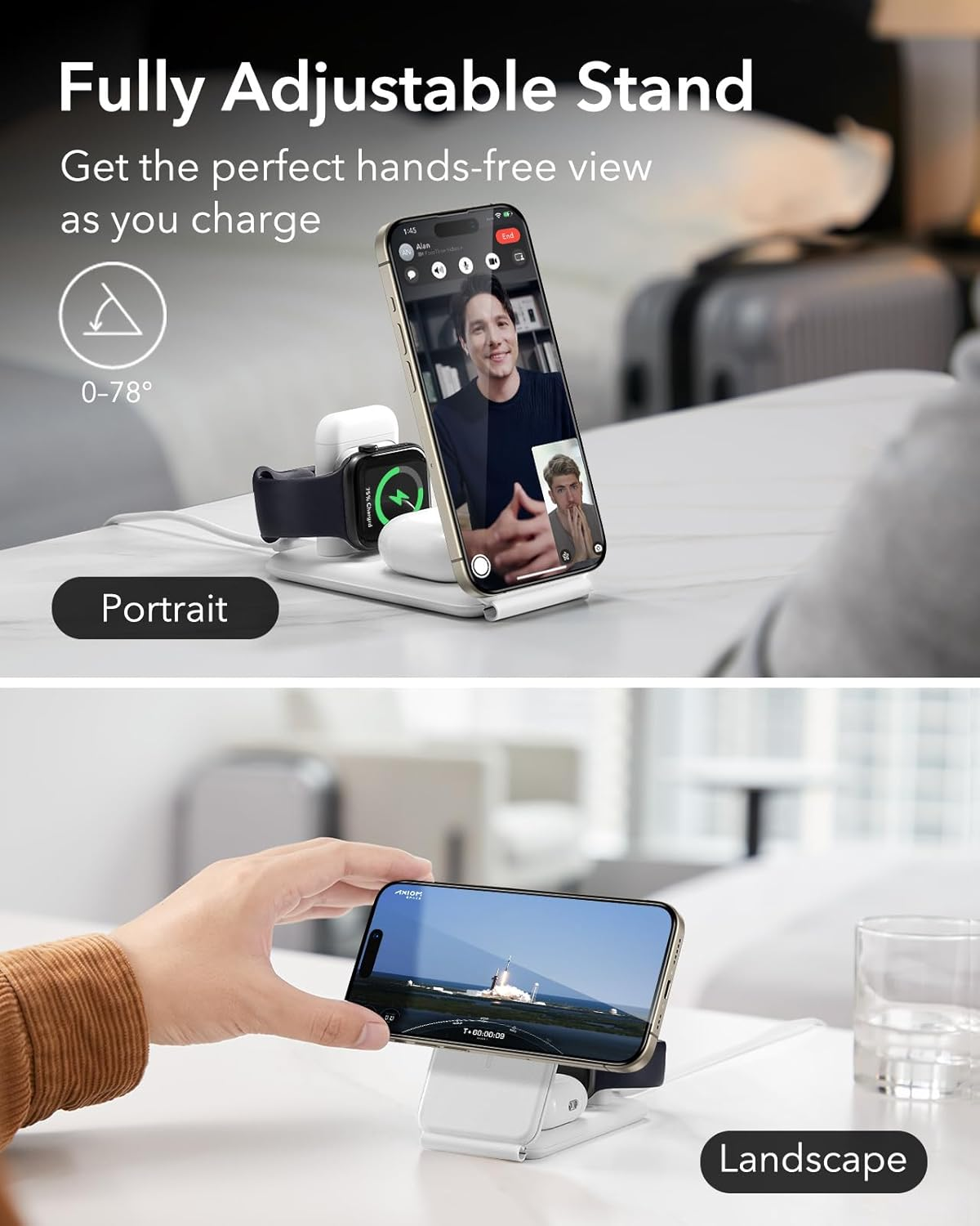 ESR 3-In-1 Travel Charging Station, Magsafe Charger, Made for Apple Watch Certified, Foldable Magnetic Wireless Charger for Iphone 16/15/14/13/12, Airpods 4/ Pro/3/2, Adjustable 2-Way Stand, White image number 5