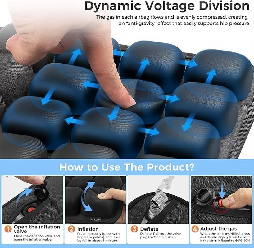 Travel Cushion, Inflatable Seat Cushion, No Air Pump Need, Travel Essentials for Long Flights, Portable Car Seat Cushions for Office Chair, Wheelchair, Camping, Home Living (Black) image number 1