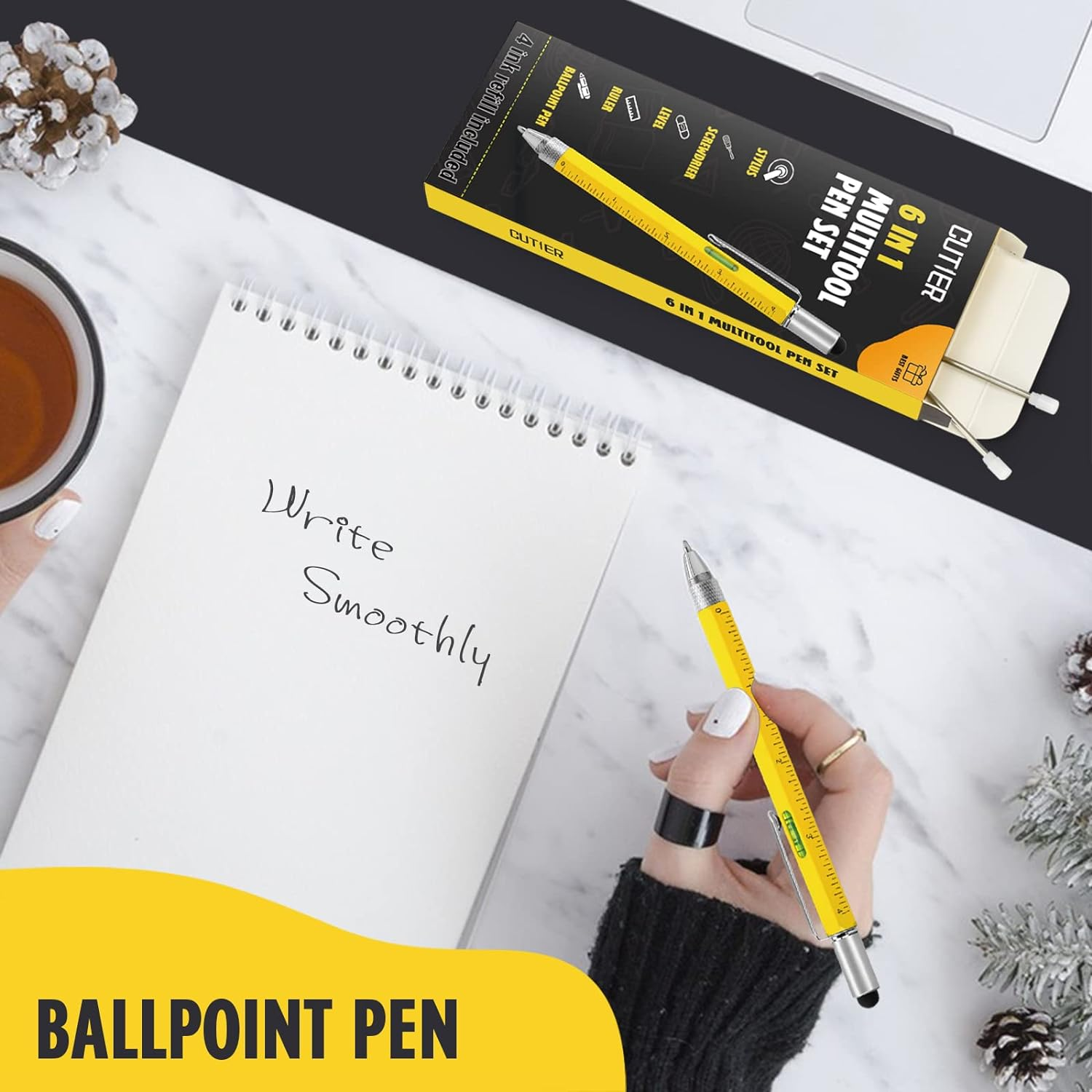 Cool Pen Gifts for Men, Cutier 6-In-1 Multi Tool Tech Pen Gadgets Tools for Men, Personalized or Him, Funny Christmas, Father'S Day Valentines or Birthdays Gifts (Yellow) - Black image number 7