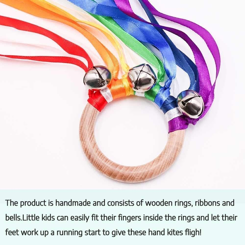 Wabmipe 2Pcs Bell Bracelet Rainbow Hand Ribbon Kite Toys, Ribbon Dancer Wand, Hand Kite Ribbon Runner, Ribbon Streamers Toy, Colourful Newborn Wooden Outdoor Toys