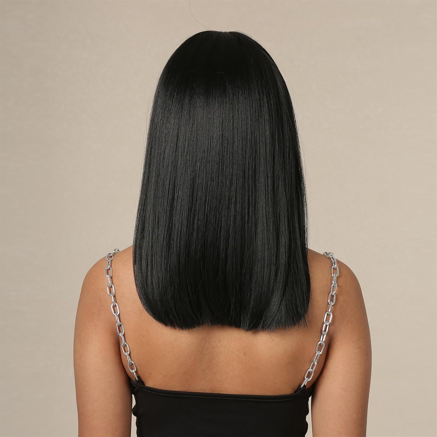 Straight Black Synthetic Wig with Bangs,Shoulder Length, Medium - Long Straight Hair with Air Bangs, Naturally Fluffy Full - Head Wig for Party Daily Use（Black，18.5In） image number 5