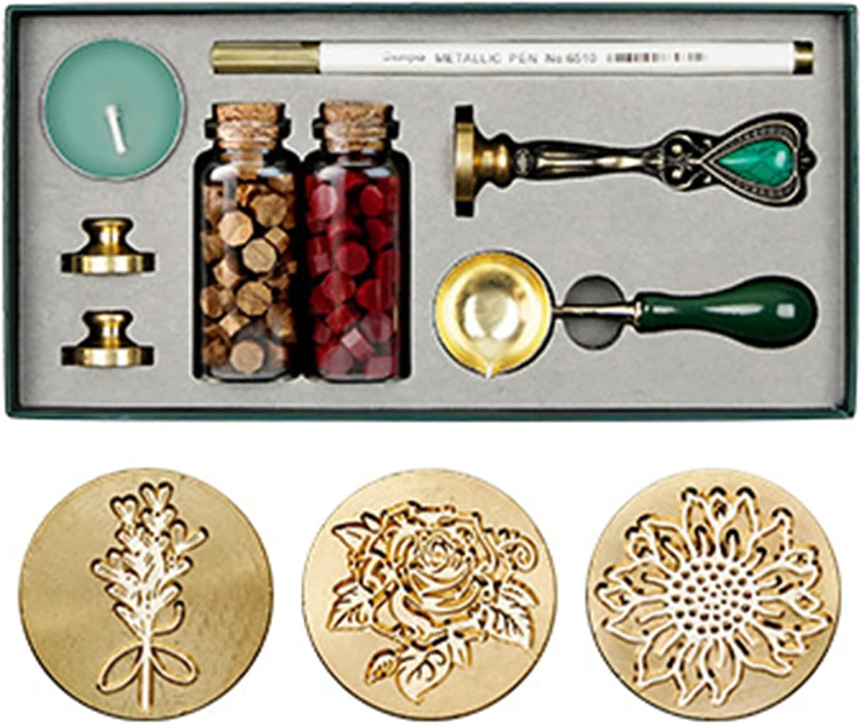 Eacam Wax Seal Stamp Kit Retro Wax Sealing Wax Beads Wax Melting Spoon Wax Seal Stamp Candle Copper Head Metallic Pen for Envelopes Letter Cards Wedding Invitations Gift Decoration Arts Crafts