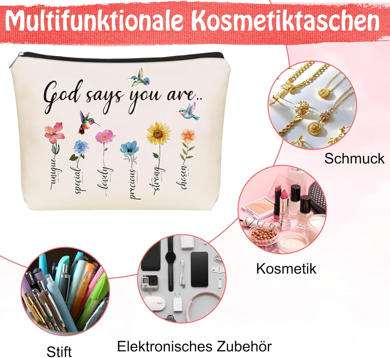 Bible Cosmetic Bag Small Christian Make up Bag God Says You Are, Cosmetic Bags Encouragement Travel Toiletry Bag with Flower, Makeup Bag for Women Bible Verses image number 4