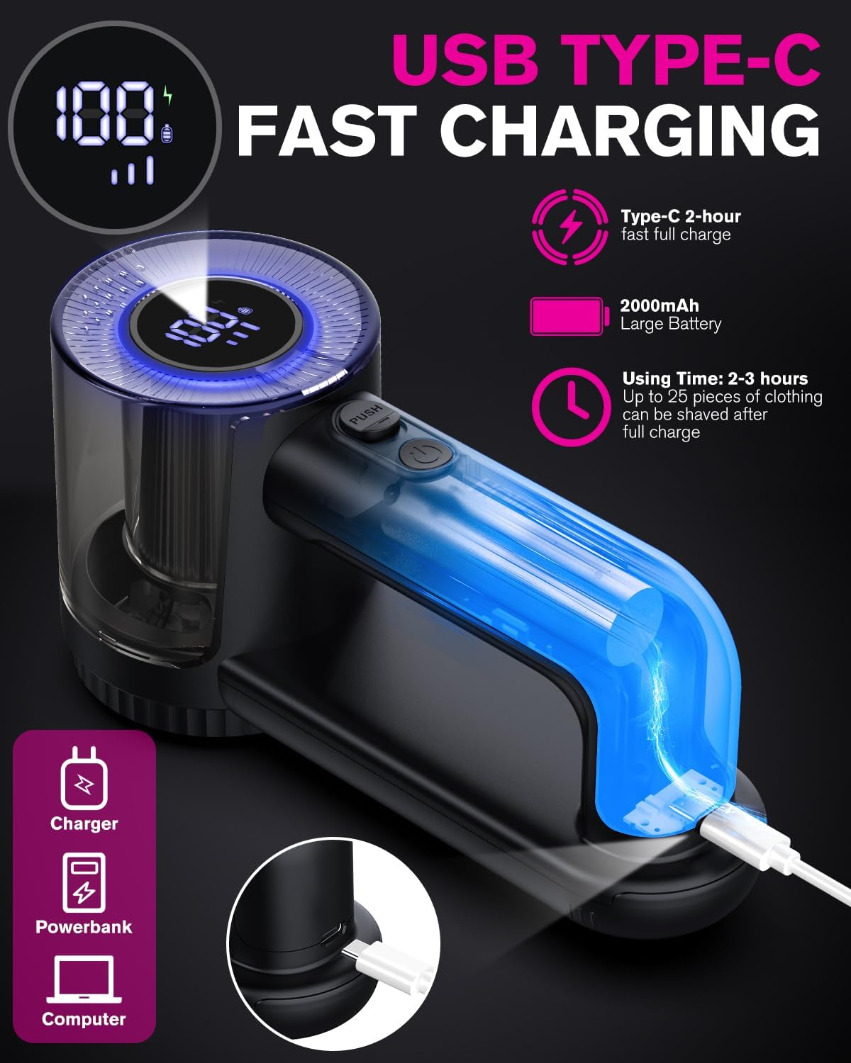 Electric Lint Shavers, [2000Mah Battery] [6-Leaf Blade] Homtronics Rechargeable Lint Remover with 3-Speed, LED Display, Dual Protection, Fabric Shaver Perfect for Clothes, Sweater, Couch (Black) image number 3