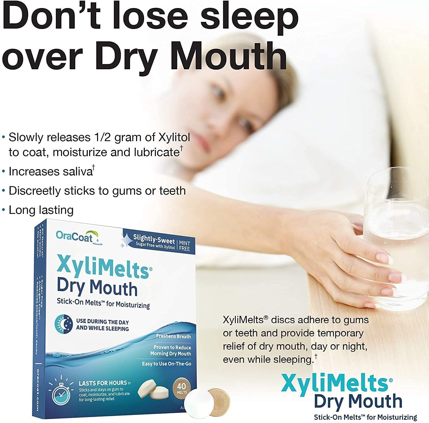 Oracoat Xylimelts Dry Mouth Relief Moisturizing Oral Adhering Discs Slightly Sweet with Xylitol, for Dry Mouth, Stimulates Saliva, Non-Acidic, Day and Night Use, Time Release for up to 8 Hours (80) 2 Packs image number 3