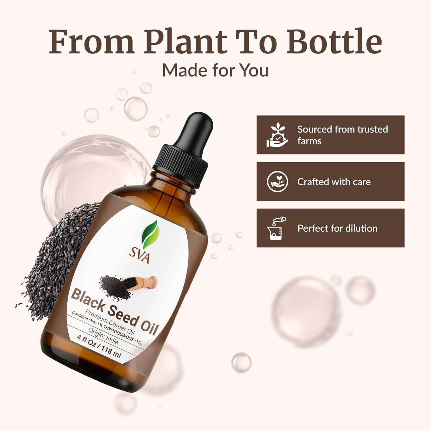 SVA Black Seed Oil 4 Fl Oz &ndash; 100% Natural Cold Pressed Carrier Oil with Dropper &ndash; for Hair, Skin, Nails & Body Massage
