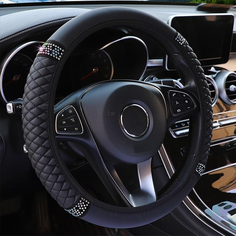 Bling Soft Leather Steering Wheel Cover,Colorful Rhinestones Auto Steering Wheel Protector, Car Accessories for Most Cars (Black, One Size) image number 2