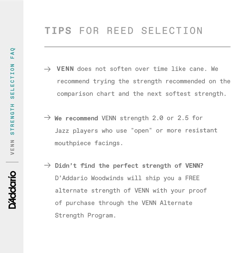 D'Addario VENN G2 Synthetic Clarinet Reeds - Bb Clarinet Reed with Advanced Synthetic Reed Construction of Polymer Fibers, Resin, Natural Cane - Strength 2.0 image number 3