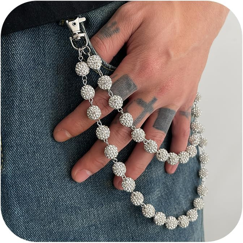 Pants Chain for Men Women Wallet Chain Rhinestone Waist Chain Hipster Street Jeans Chain Silver Keychain Pocket Bag Accessories Trendy Body Jewelry