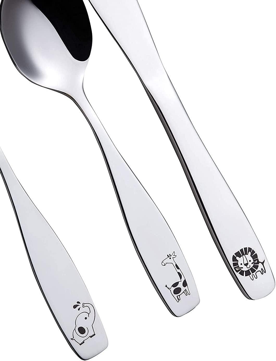 Exzact Children'S Cutlery12Pcs Stainless Steel 18/10 Kids Cutlery/Toddler Utensils/Flatware - 4 X Forks, 4 X Safe Dinner Knives, 4 X Table Spoons - Safari - Giraffe Elephant Lion