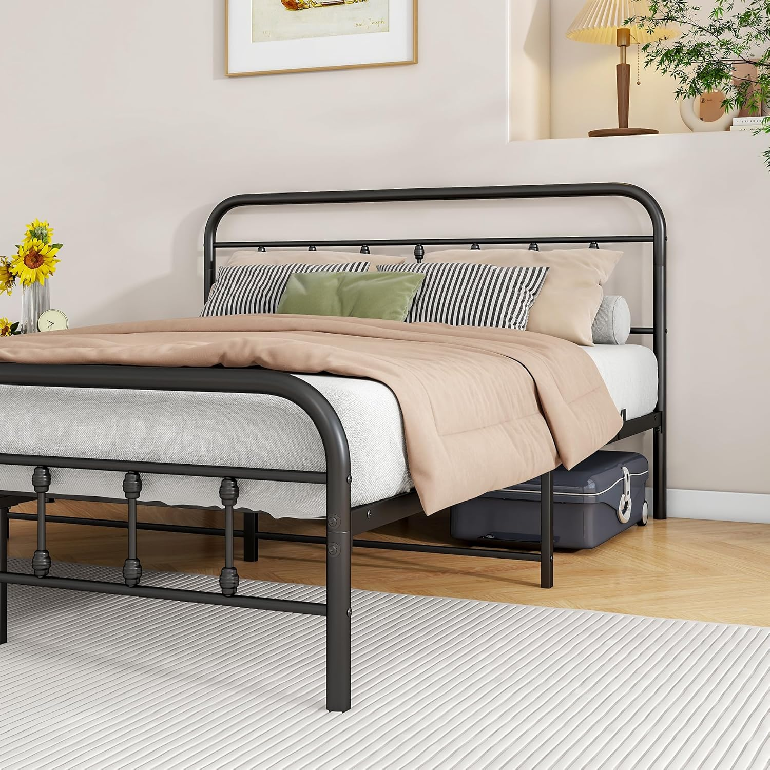Vintage Queen Size Bed Frame with Headboard and Footboard, Queen Bed Base with Heavy Duty Metal Platform Bed Frame Steel Slat Support (Queen, Black Sanded)