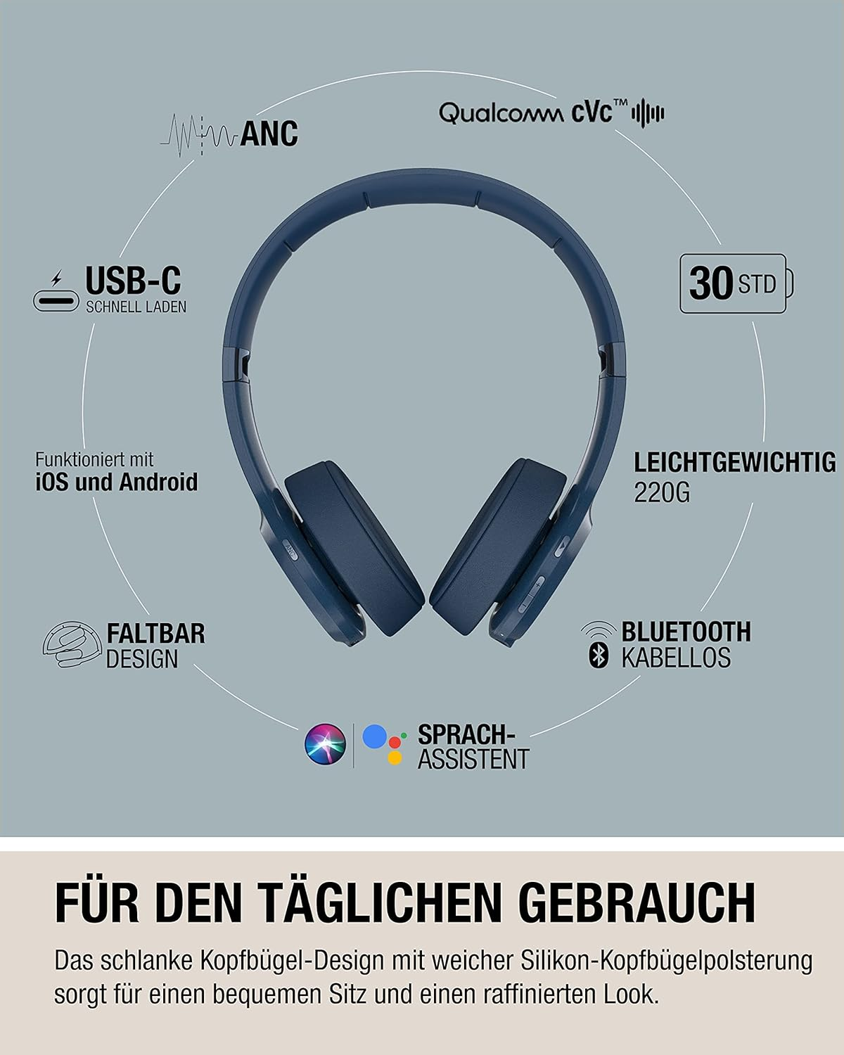 Fresh 'N Rebel Bluetooth On-Ear Headphones with Active Noise Cancellation, 30 Hours Playtime, Fast Charge, Microphone, Foldable, Comfortable Fit and Comfortable - Code ANC (Silky Sand) image number 1